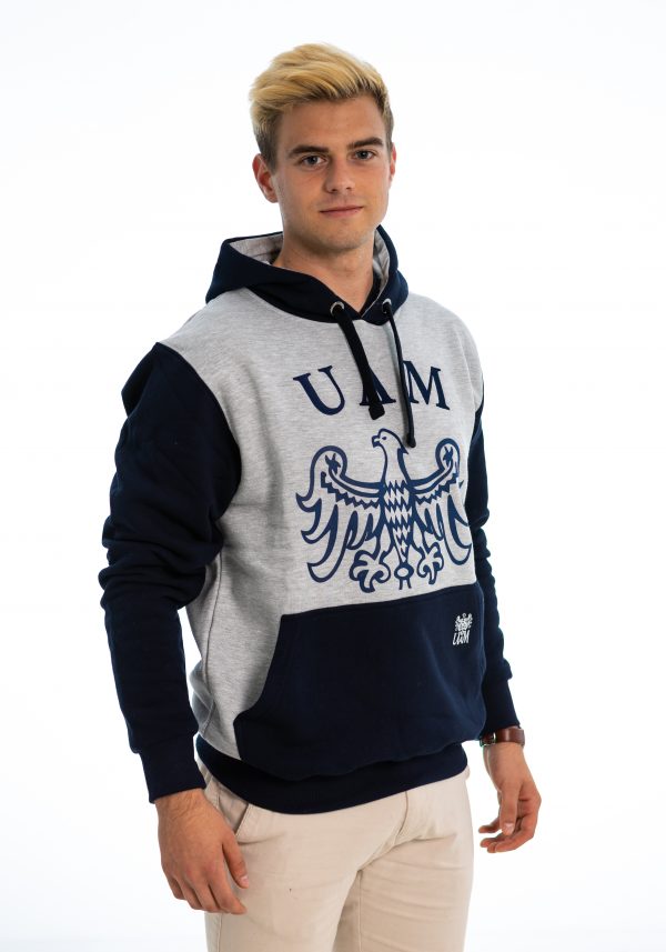 Granatowo-szara bluza nierozpinana (kangurek) męska z logo UAM