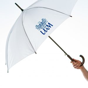 Biały parasol automatyczny z logo UAM