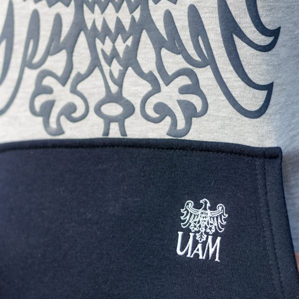 Granatowo-szara bluza nierozpinana (kangurek) damska z logo UAM